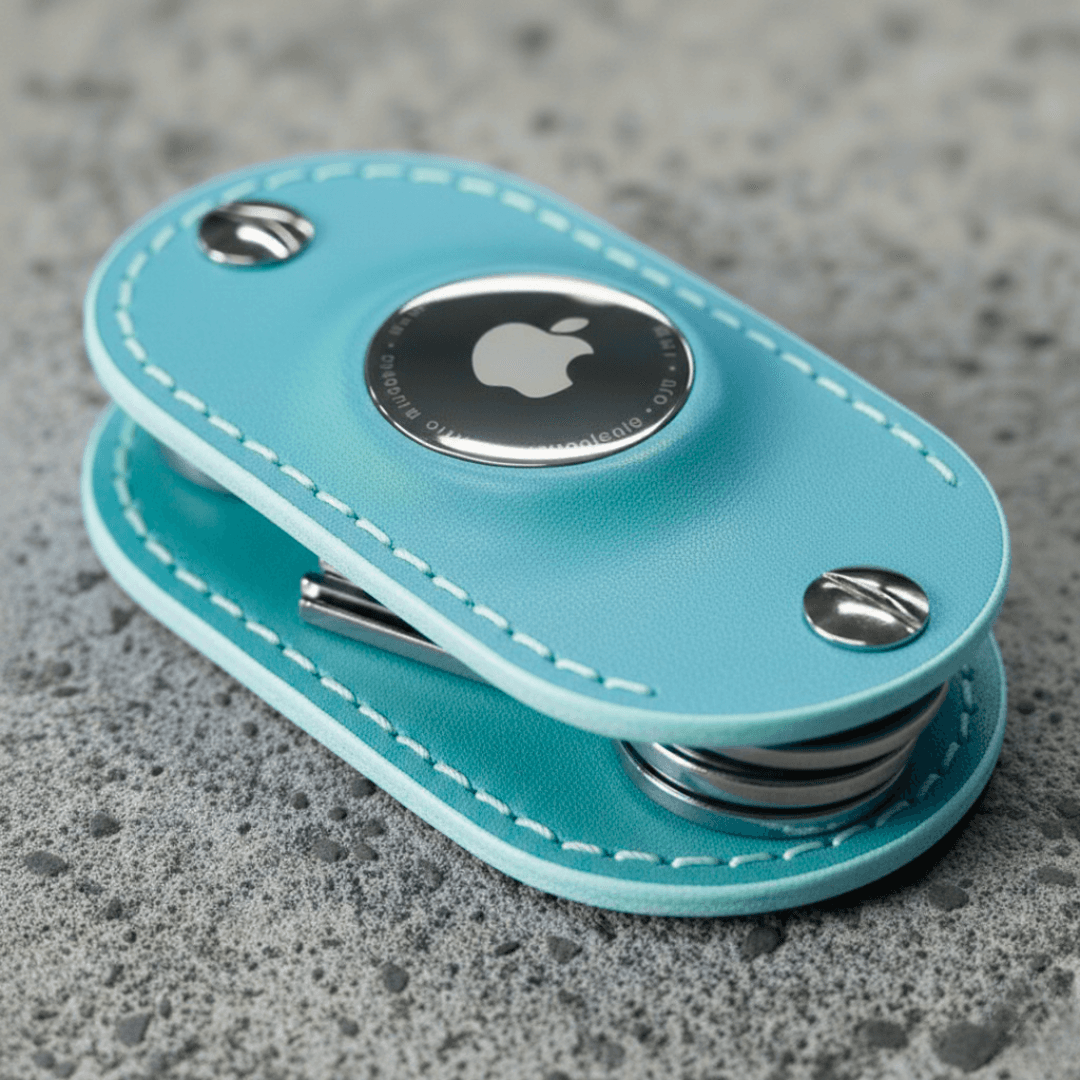 スカイブルーエアタグ対応 本革キーケース｜AirTag収納可・ネジ式・名入れ対応・コンパクト