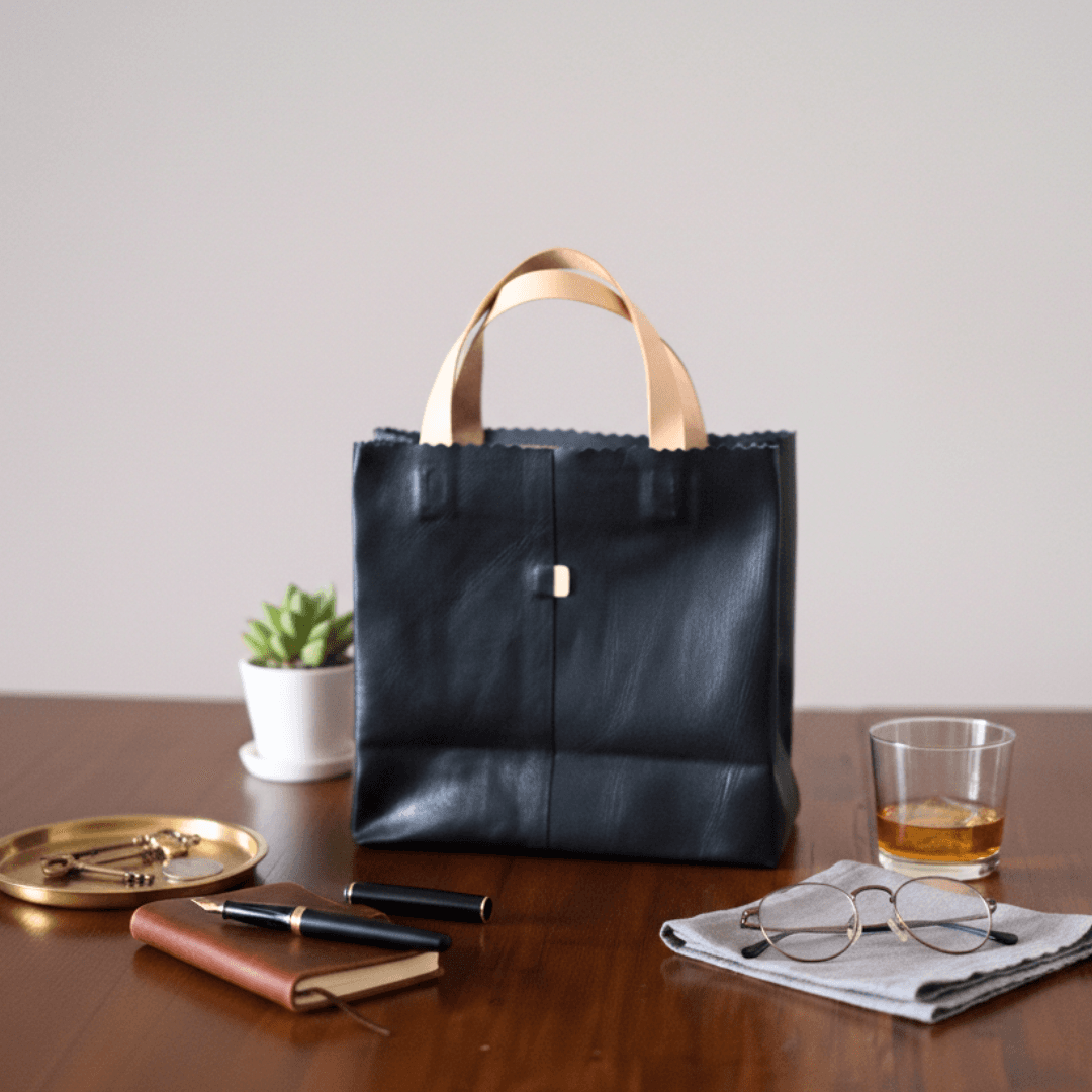 本革 ミニトートバッグ ブラック｜紙袋風デザイン・名入れ刻印対応・サイズオーダー可｜牛革ハンドメイド | 5枚目