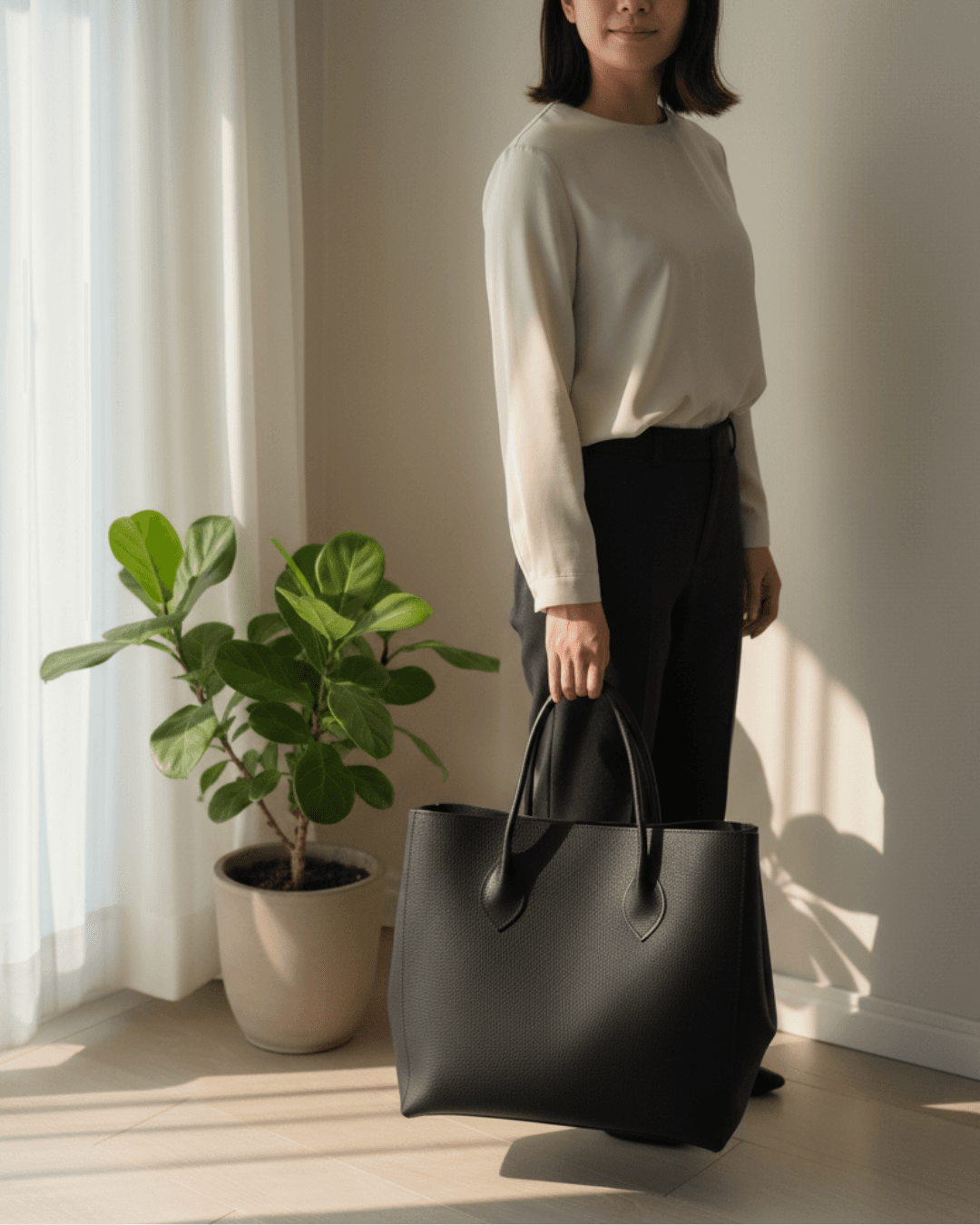 【送料無料】A4が入るブラックレザートートバッグ｜シュリンクレザー｜シンプル大容量トート　選べるカラー | 2枚目
