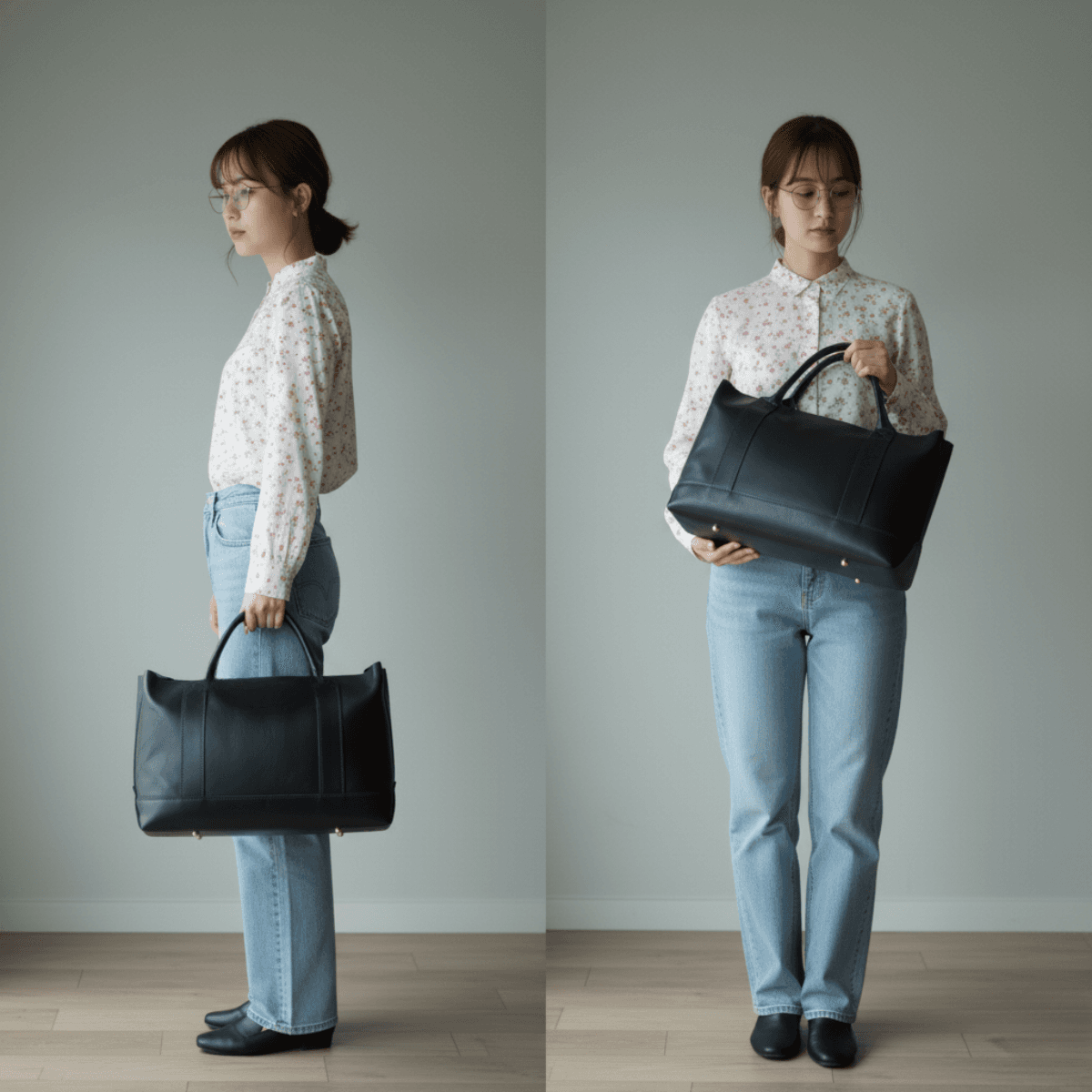 クラシカル キャンバストート風 イタリアンレザートート｜A4対応・自立設計・底鋲付き｜カスタム可　ブラック1枚目の画像