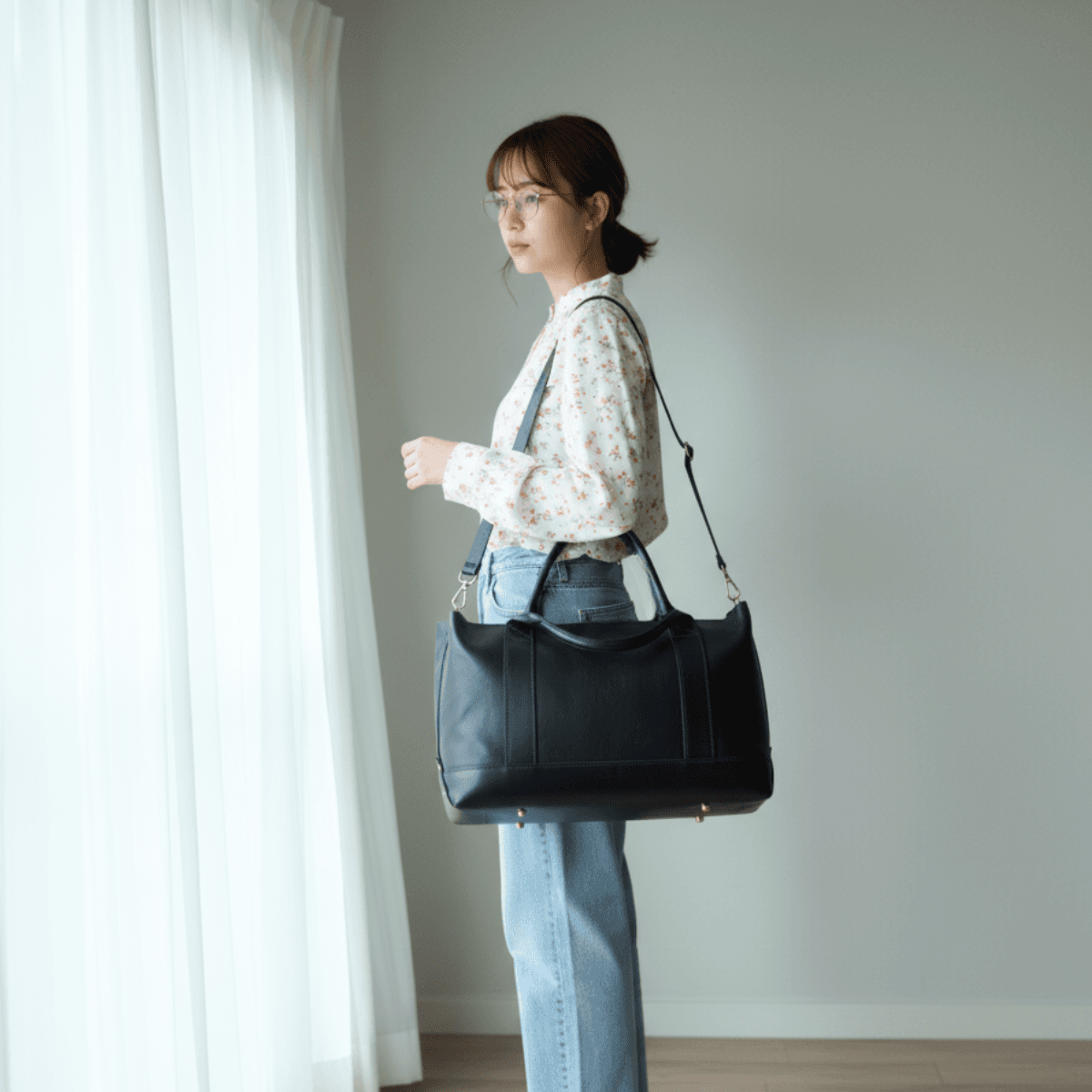 クラシカル キャンバストート風 イタリアンレザートート｜A4対応・自立設計・底鋲付き｜カスタム可　ブラック | 14枚目