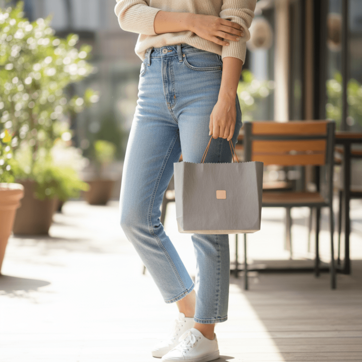 軽さと強さを持ち歩く｜アウトドアシーンでも活躍防水撥水のダイニーマレザー トート　グレー（紙袋デザイン）1枚目の画像