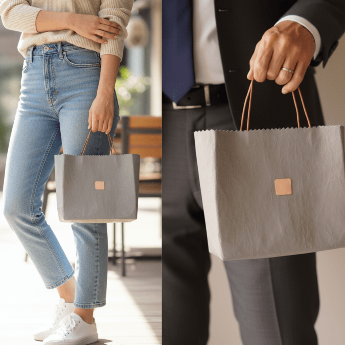 軽さと強さを持ち歩く｜アウトドアシーンでも活躍防水撥水のダイニーマレザー トート　グレー（紙袋デザイン） | 5枚目