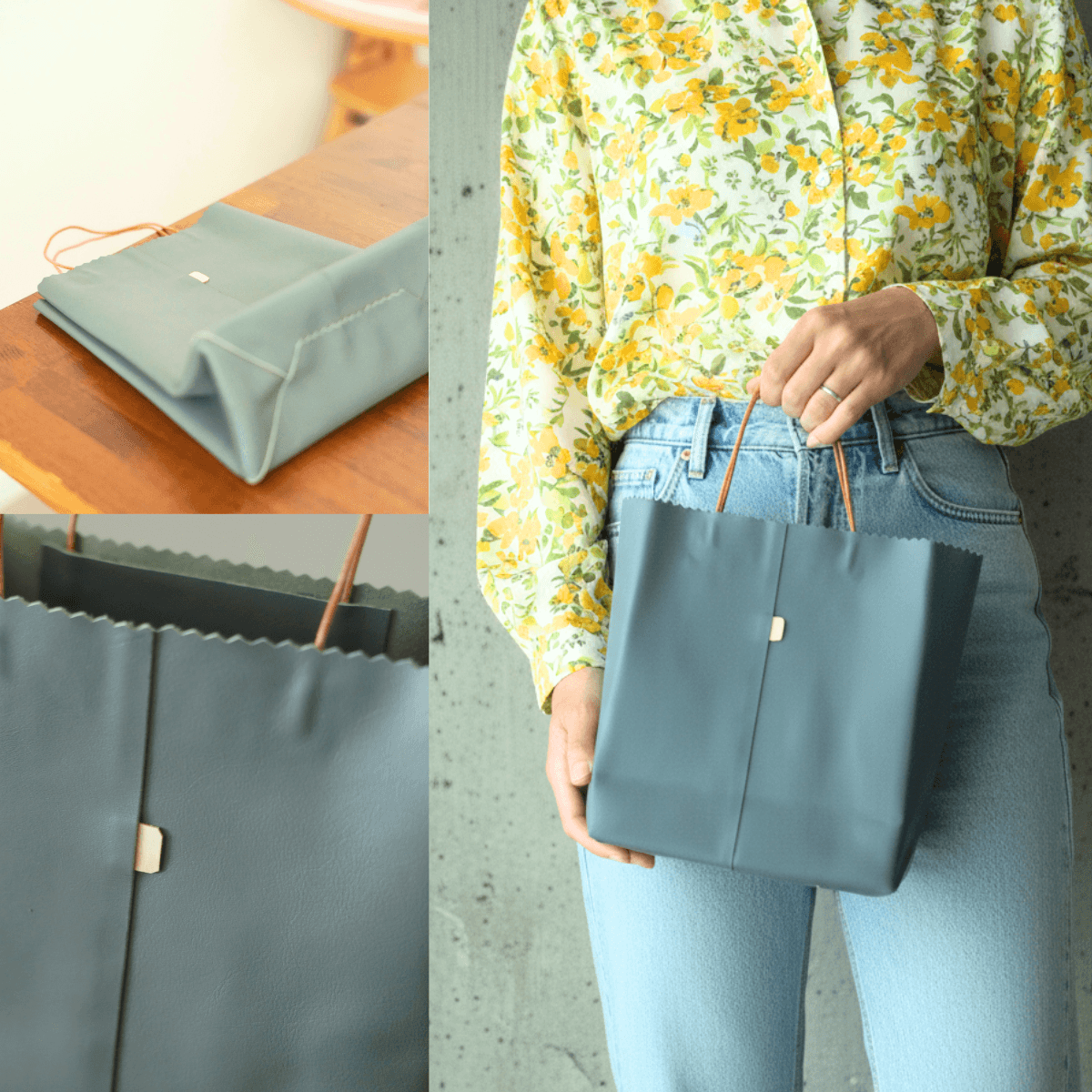 【サイズオーダー可】グレーレザーの紙袋トート｜本革ミニトート｜軽量・シンプル｜内ポケット追加可1枚目の画像