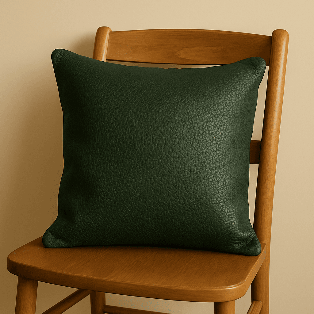 ブルレザーのワイルドクッション｜イタリアンレザー植物タンニンなめし・ナチュラルシュリンク｜40×40cm ダークグリーン1枚目の画像