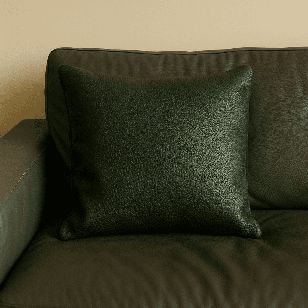 ブルレザーのワイルドクッション｜イタリアンレザー植物タンニンなめし・ナチュラルシュリンク｜40×40cm ダークグリーン | 2枚目