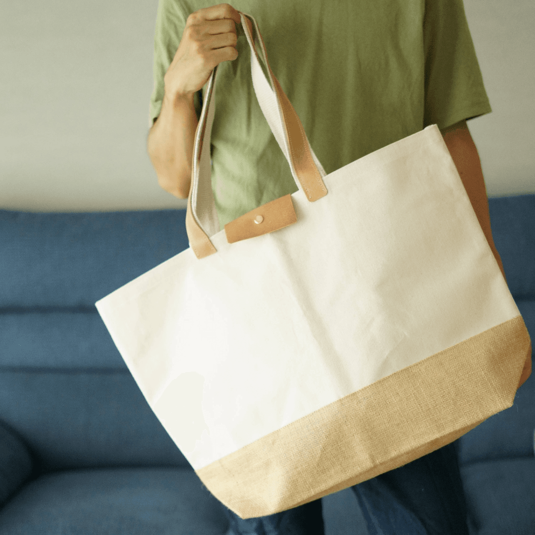 帆布×リネン 大容量ビッグトート｜イタリアンレザー持ち手付き 通勤・旅行・マザーズバッグ | 3枚目