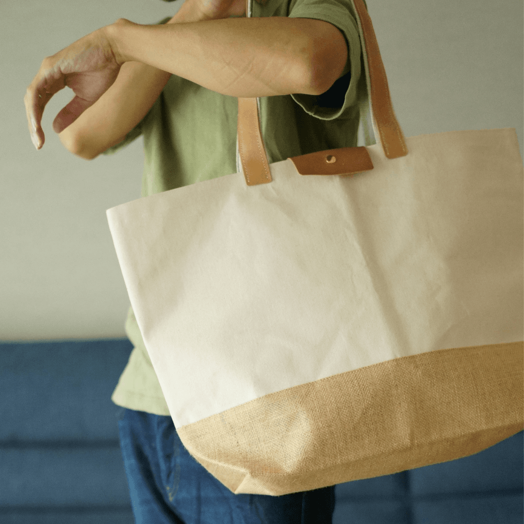 帆布×リネン 大容量ビッグトート｜イタリアンレザー持ち手付き 通勤・旅行・マザーズバッグ | 4枚目