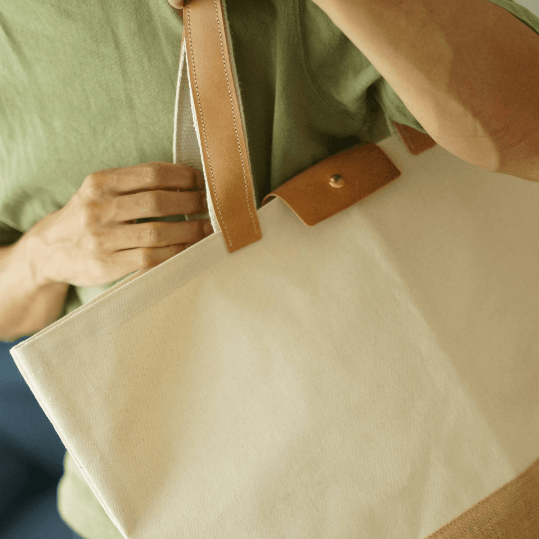 帆布×リネン 大容量ビッグトート｜イタリアンレザー持ち手付き 通勤・旅行・マザーズバッグ | 5枚目