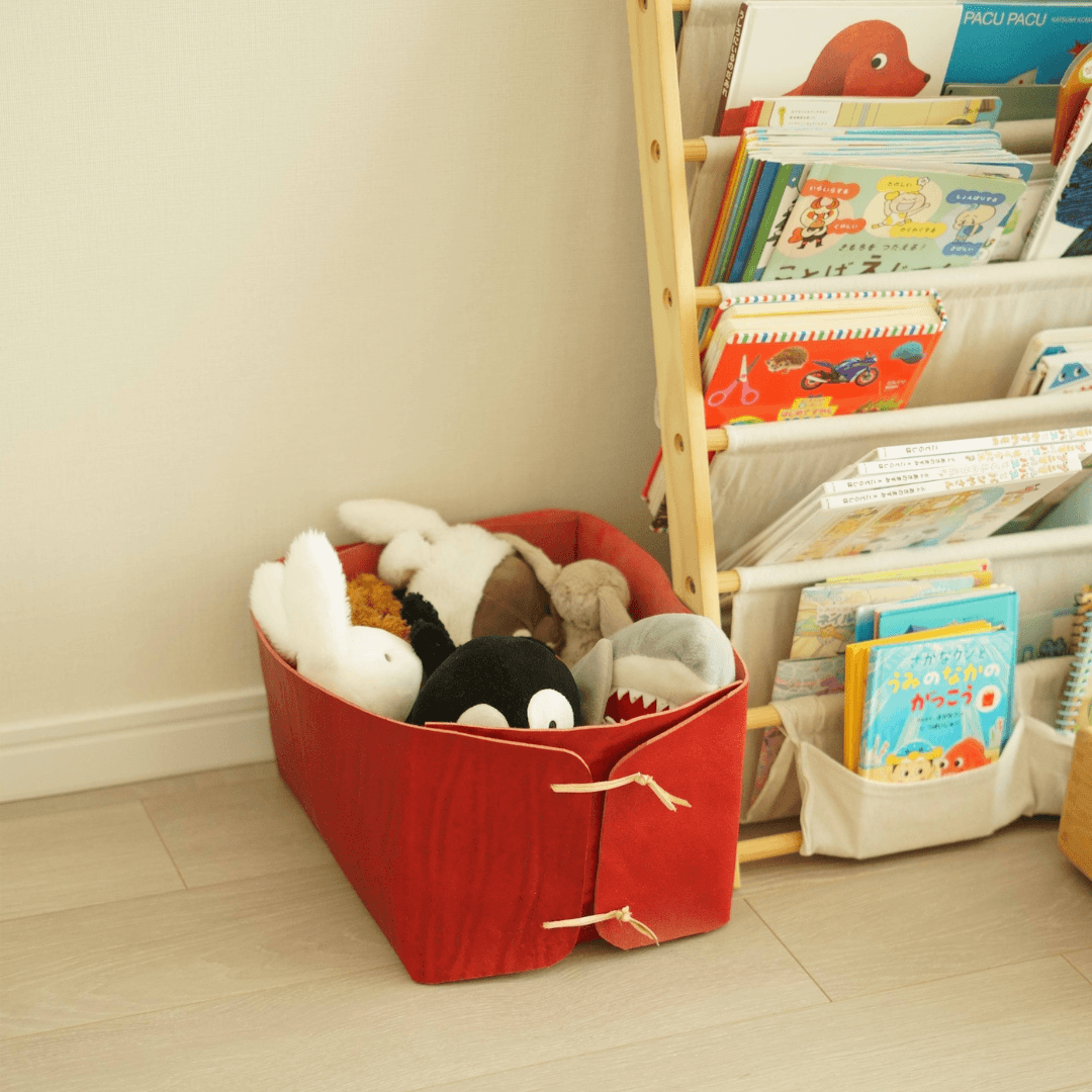 本革レザーマガジンバスケット レッド｜A4雑誌収納可・革紐アクセント・インテリア収納 | 6枚目