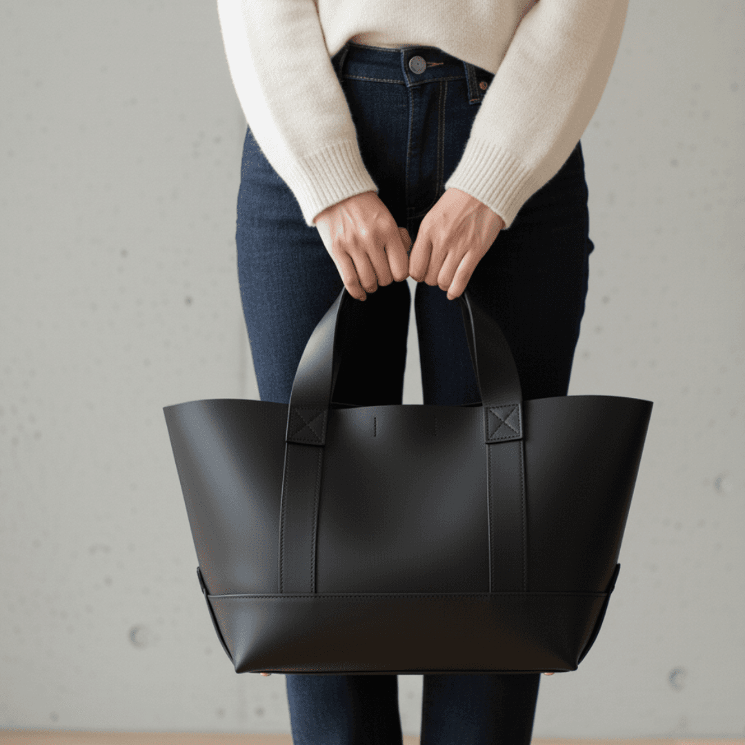 植物タンニンなめし イタリアンレザーの黒トートバッグ｜クラシックなキャンバストート風デザイン｜カスタム対応1枚目の画像
