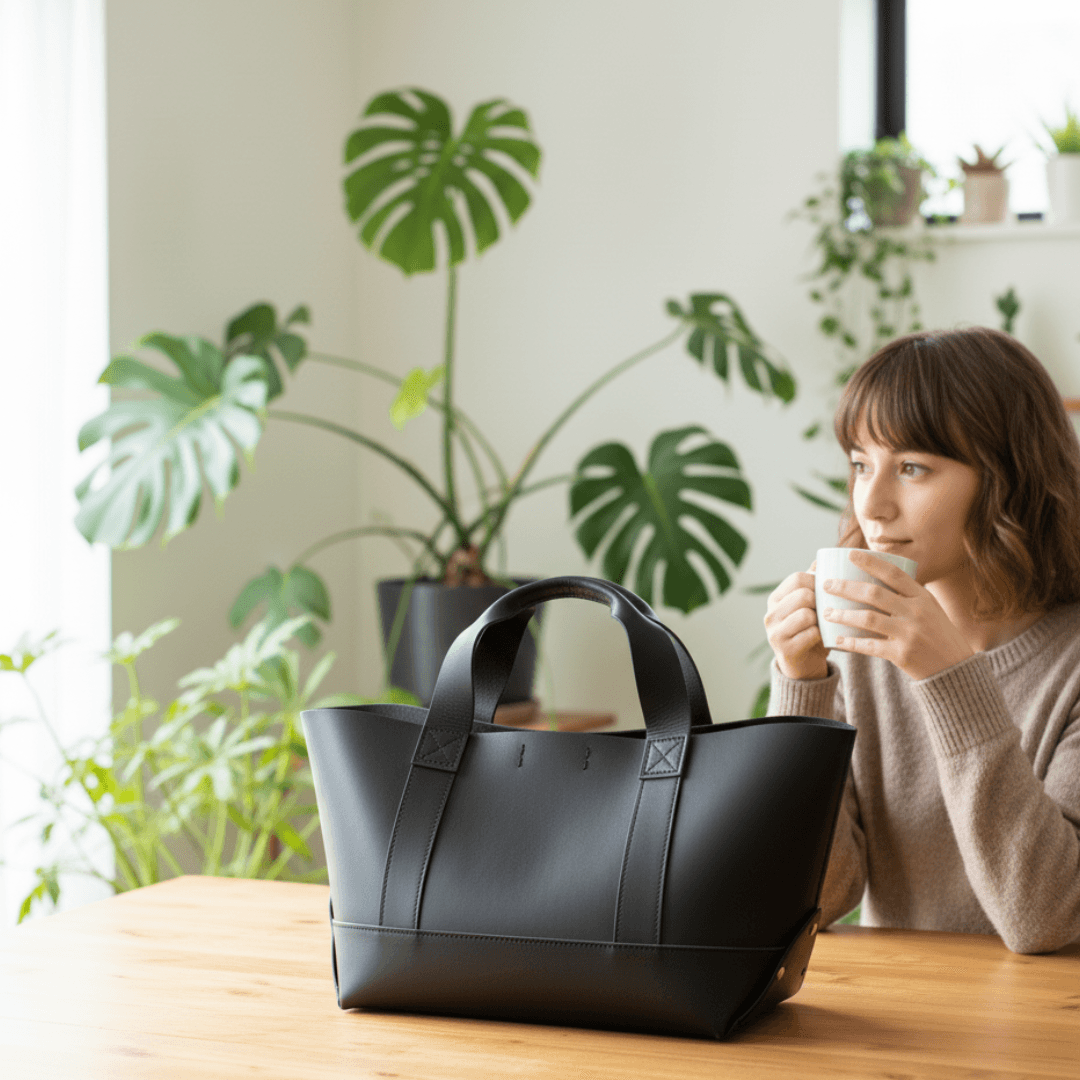 植物タンニンなめし イタリアンレザーの黒トートバッグ｜クラシックなキャンバストート風デザイン｜カスタム対応 | 2枚目