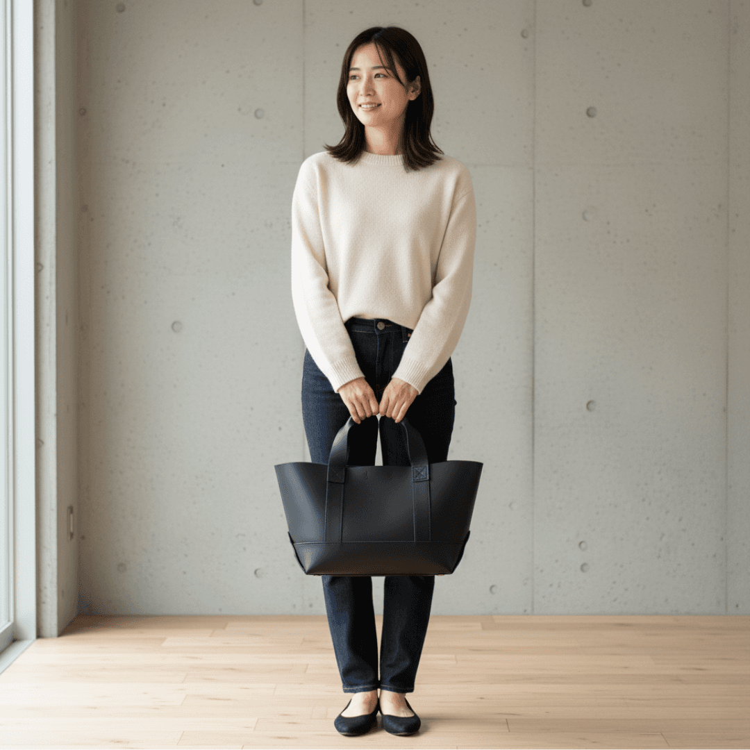 植物タンニンなめし イタリアンレザーの黒トートバッグ｜クラシックなキャンバストート風デザイン｜カスタム対応 | 5枚目