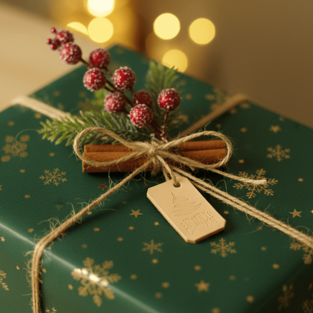 ヌメ革のクリスマスタグ／麻ひも付き（名入れ刻印可）ギフトを華やかに彩るレザーチャーム | 2枚目