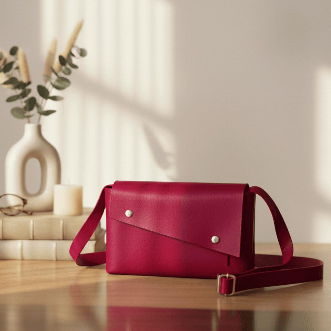 ステッチを排した一枚革の端正なシルエット。イタリアンレザーポシェット　ビビッドピンク