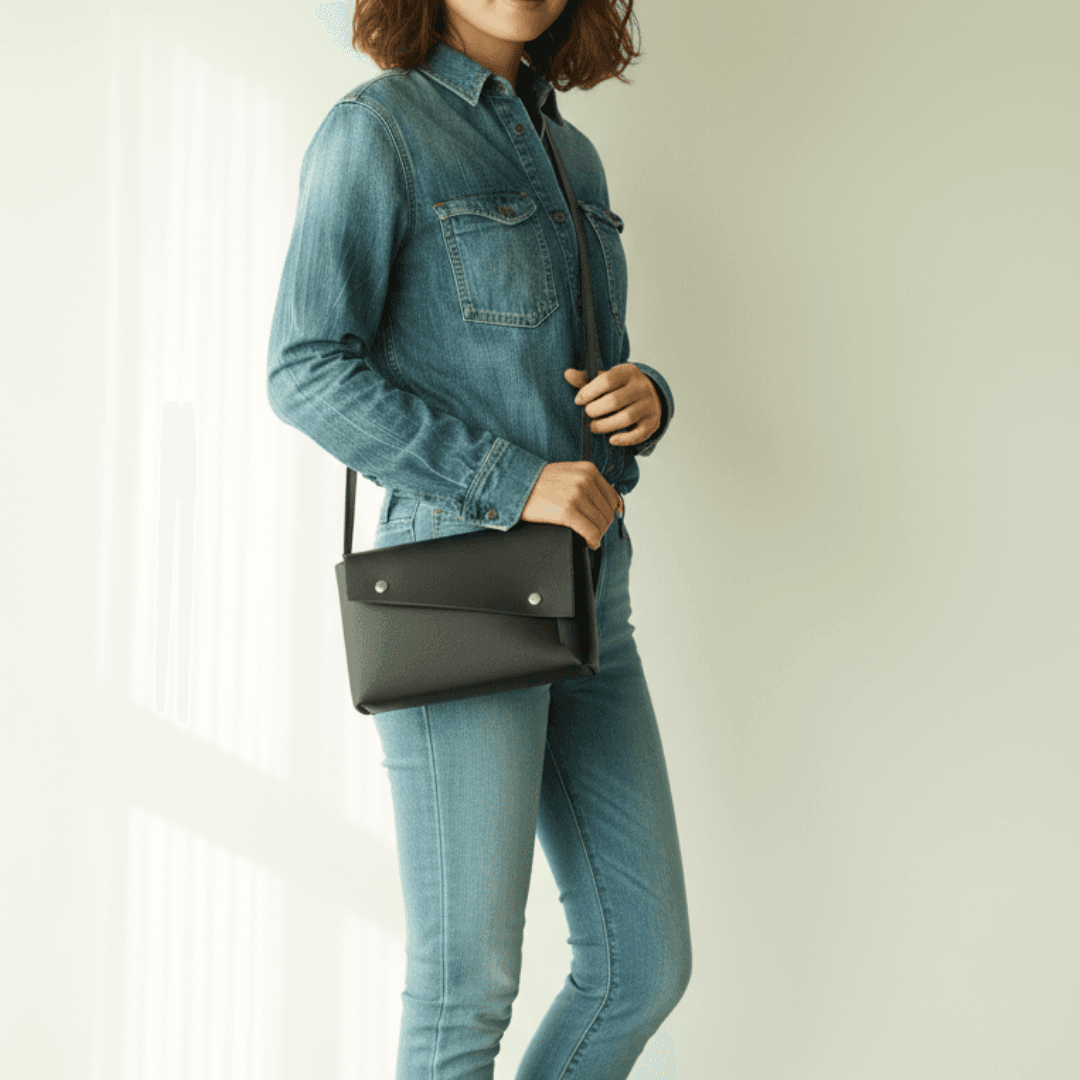 長方形の直線が宿る、一枚革ポシェット。ブラックのイタリアンレザーの静かな存在感 | 2枚目