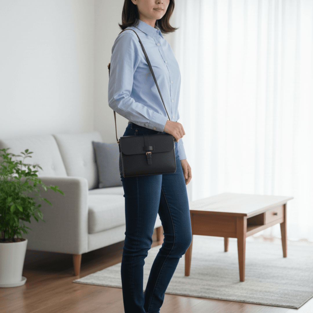 クロムエクセル茶芯ブラックのミニマルショルダーバッグ｜真鍮金具 | 5枚目