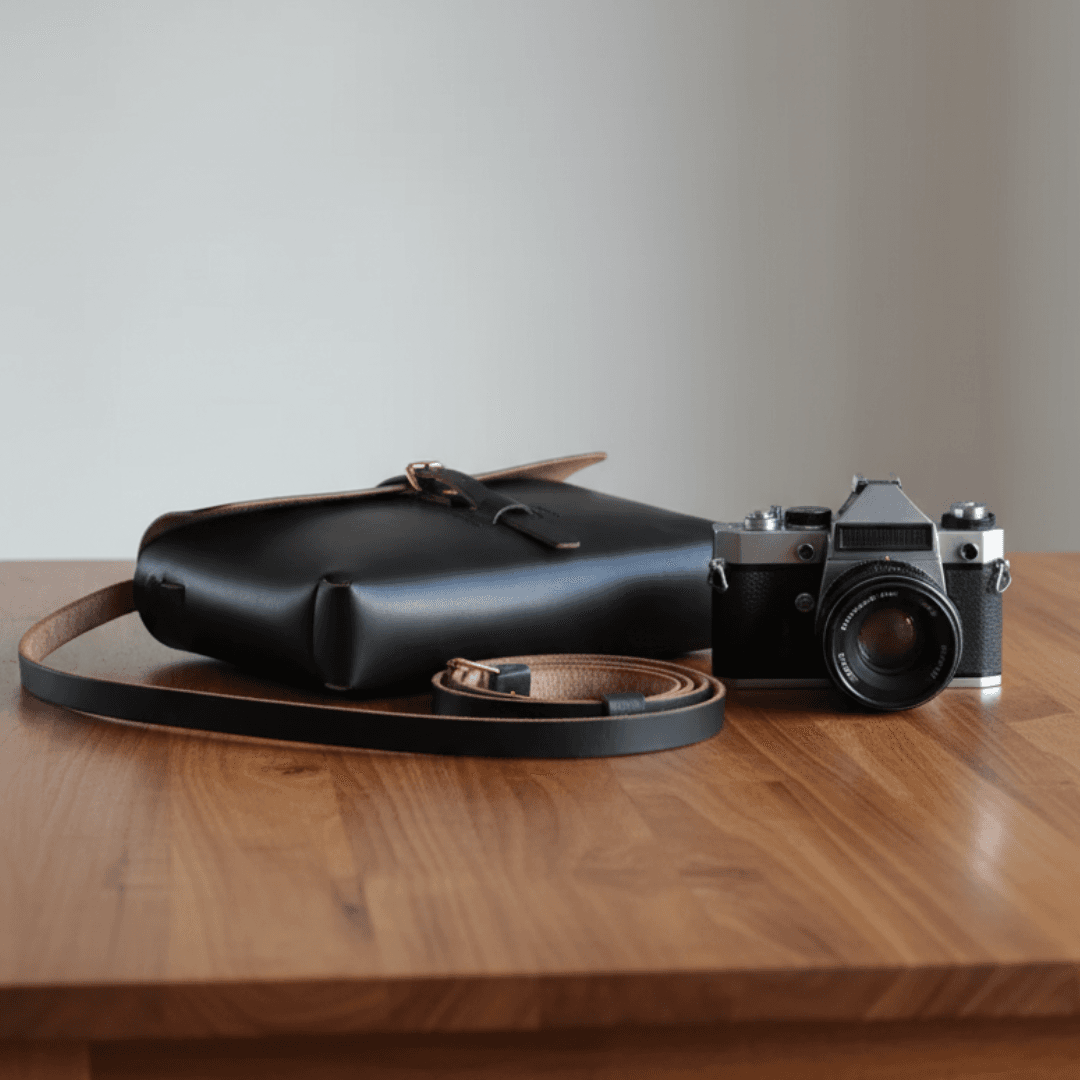 クロムエクセル茶芯ブラックのミニマルショルダーバッグ｜真鍮金具 | 6枚目