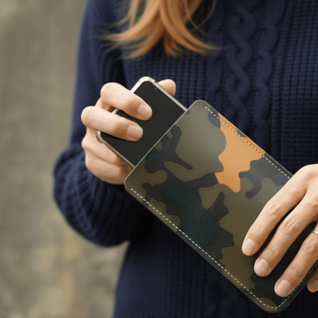 栃木レザー迷彩｜シンプルな本革スマホスリーブ（デッドストック） | 1枚目