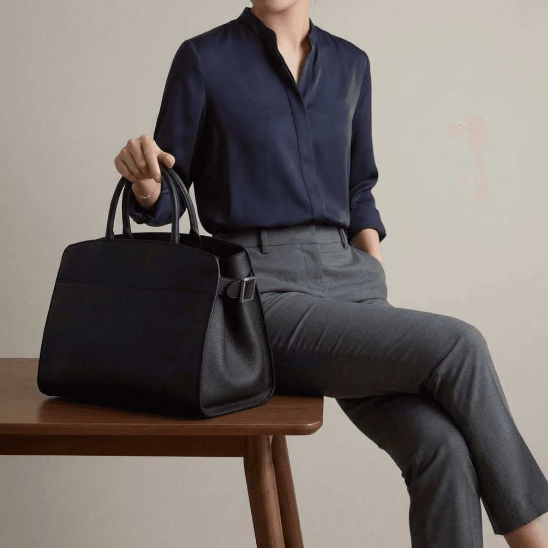 イタリアン植物タンニンなめし革｜ブラックA4ハンドバッグ（自立型・内ポケット付き）1枚目の画像