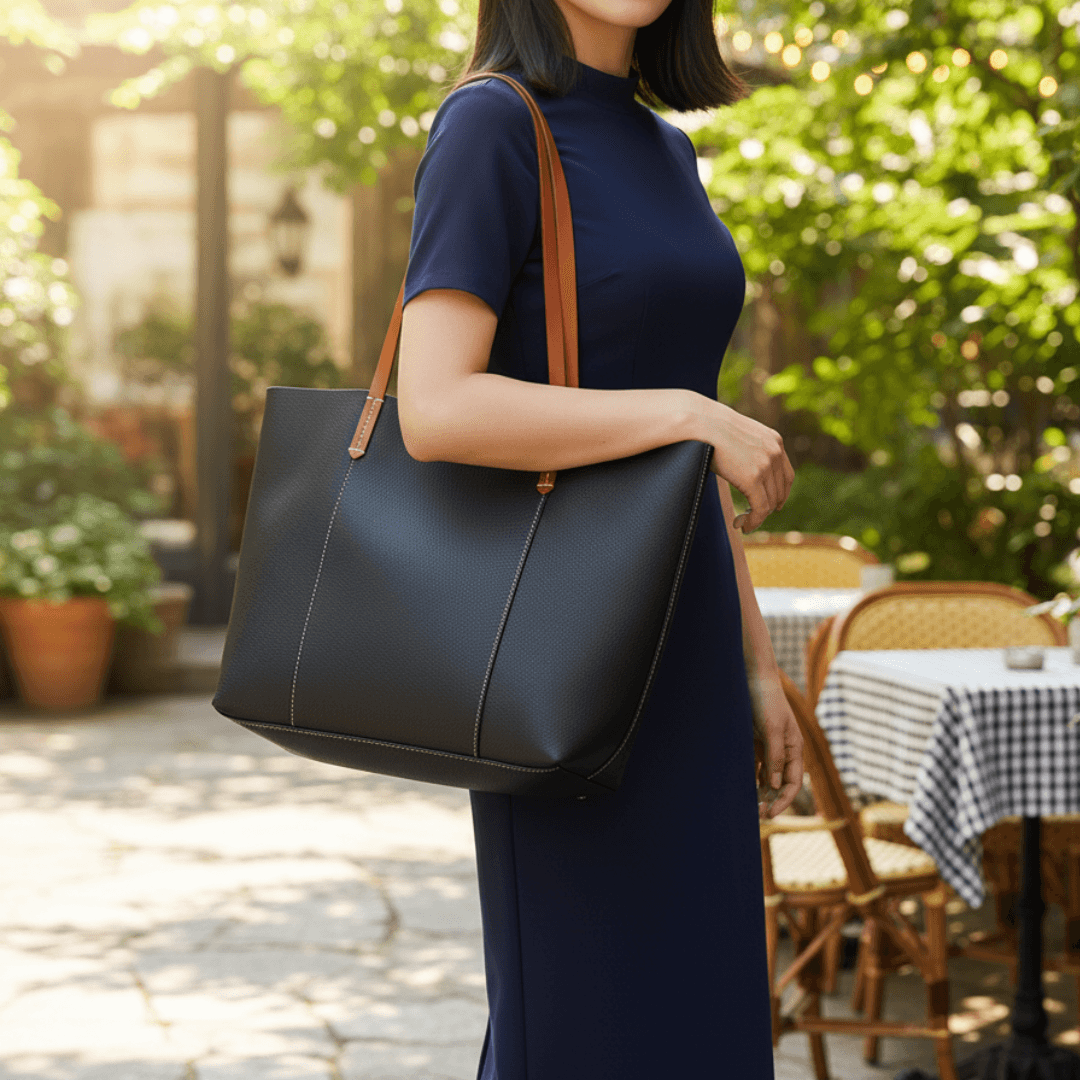 本革トートバッグ｜選べる持ち手カラー（ブラウン／ブラック）｜A4収納可能｜シボ革ブラック | 2枚目