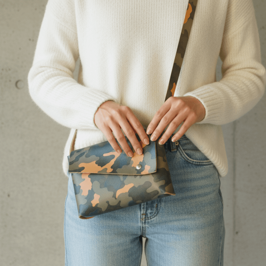 デッドストック植物タンニンなめし革栃木レザー 迷彩プリント ステッチレス・3区画ポシェット（ダブルアクセス）