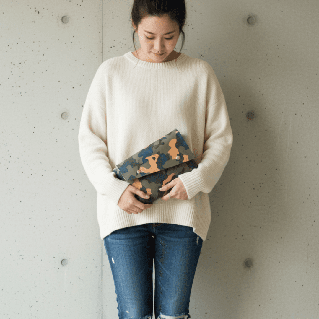 デッドストック植物タンニンなめし革栃木レザー 迷彩プリント ステッチレス・3区画ポシェット（ダブルアクセス） | 2枚目