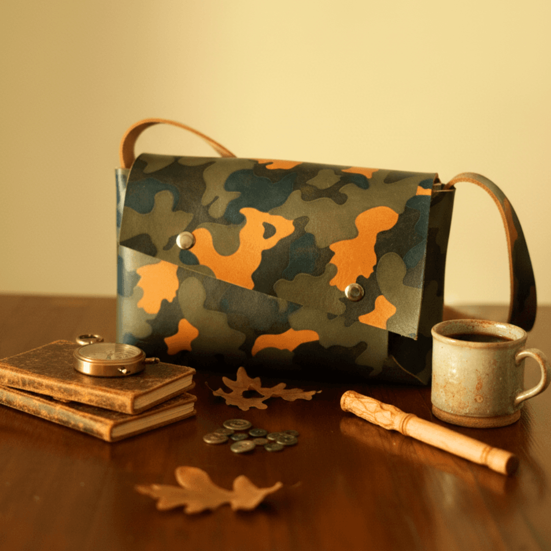 デッドストック植物タンニンなめし革栃木レザー 迷彩プリント ステッチレス・3区画ポシェット（ダブルアクセス） | 5枚目