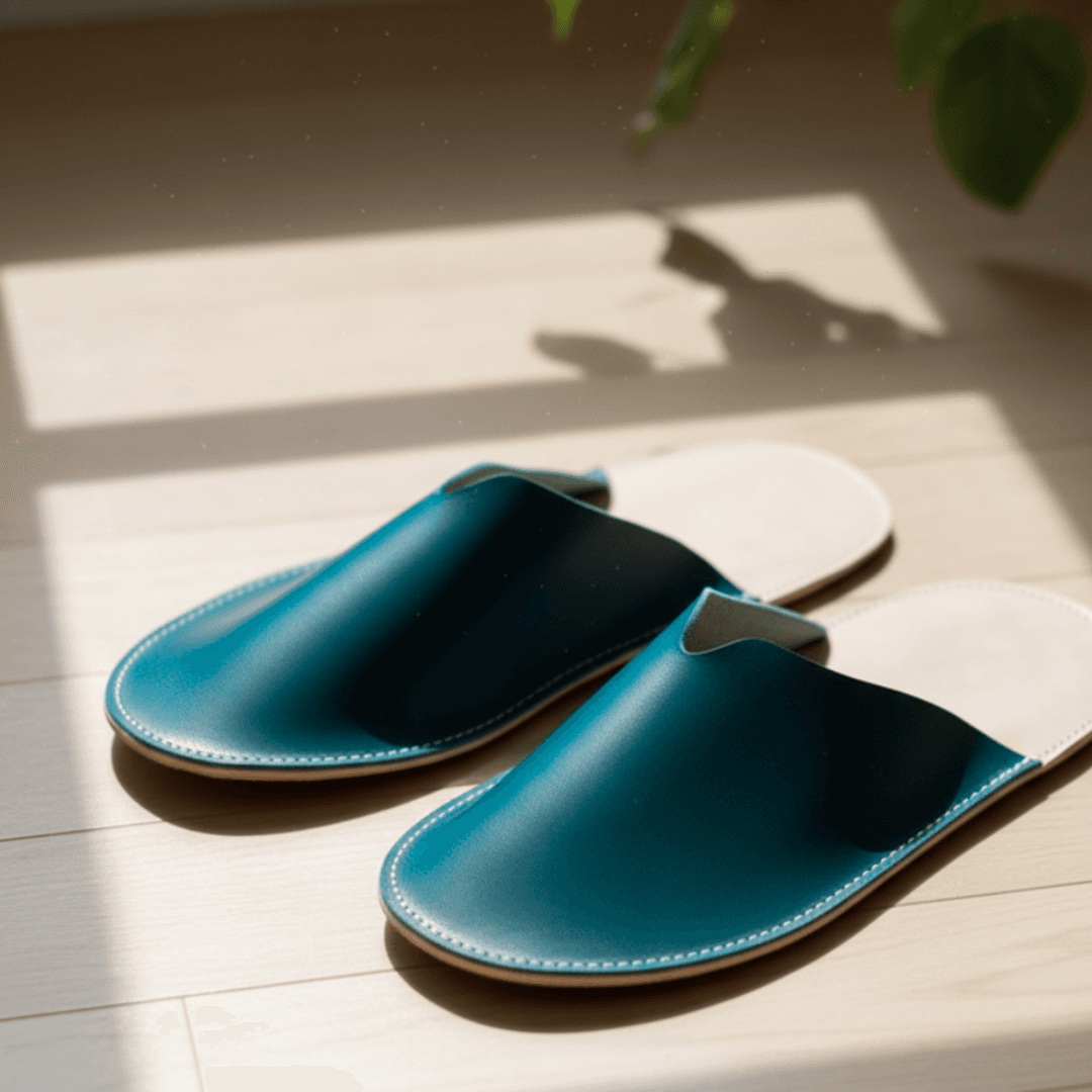 イタリアンレザーのルームシューズ｜ターコイズブルー × ヌメ革｜経年変化を楽しむ室内履き1枚目の画像