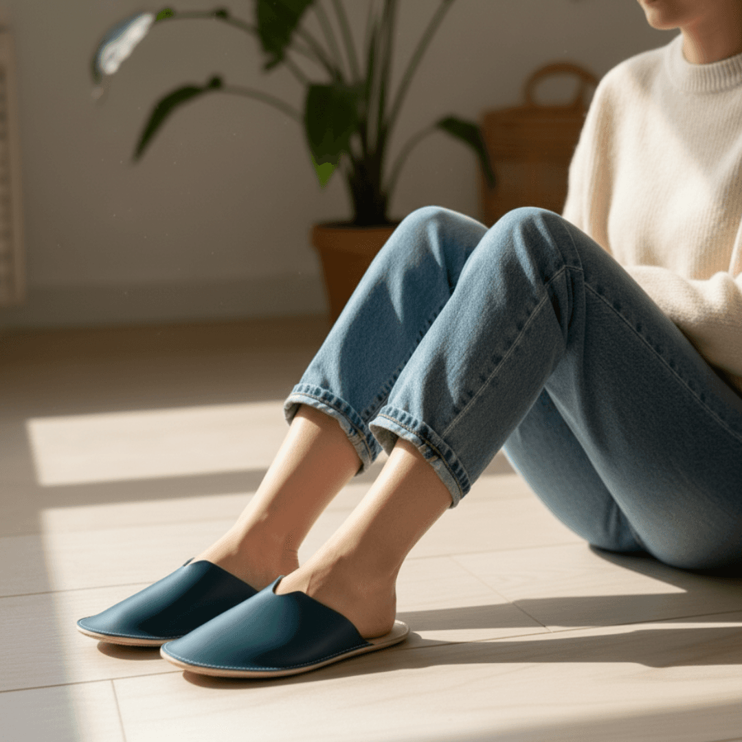 イタリアンレザーのルームシューズ｜ターコイズブルー × ヌメ革｜経年変化を楽しむ室内履き | 2枚目