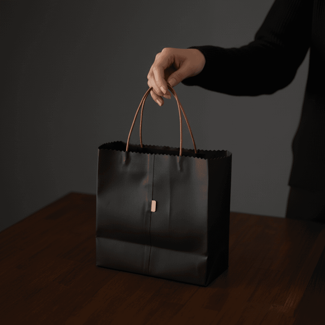 紙袋モチーフの本革バッグ｜折りたたみ可能 牛革レザーショッピングバッグ ブラック1枚目の画像