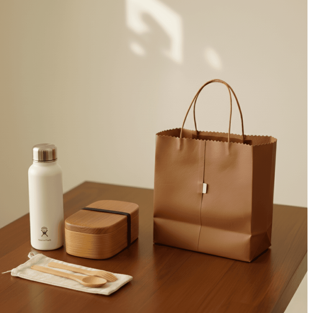 本革 レザートートバッグ｜紙袋モチーフ・牛革ブラウン｜折りたたみ可能なショッピングバッグ1枚目の画像