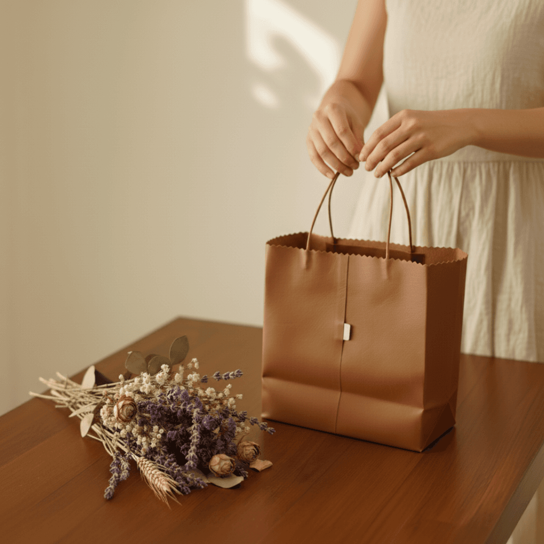 本革 レザートートバッグ｜紙袋モチーフ・牛革ブラウン｜折りたたみ可能なショッピングバッグ | 3枚目