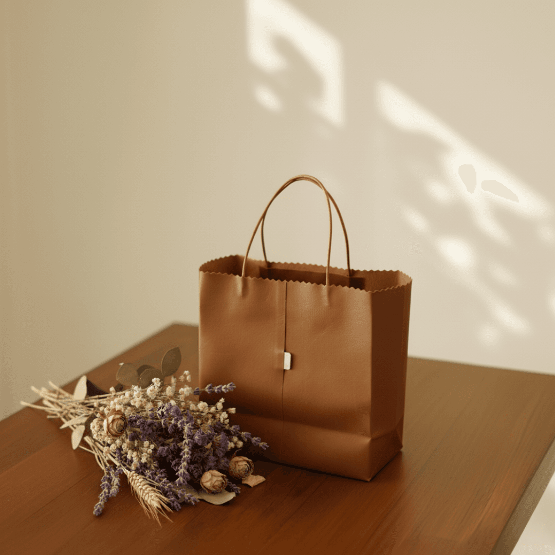 本革 レザートートバッグ｜紙袋モチーフ・牛革ブラウン｜折りたたみ可能なショッピングバッグ | 4枚目