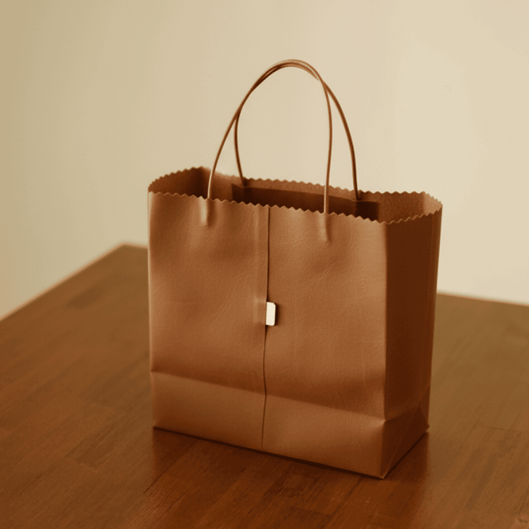 本革 レザートートバッグ｜紙袋モチーフ・牛革ブラウン｜折りたたみ可能なショッピングバッグ | 5枚目