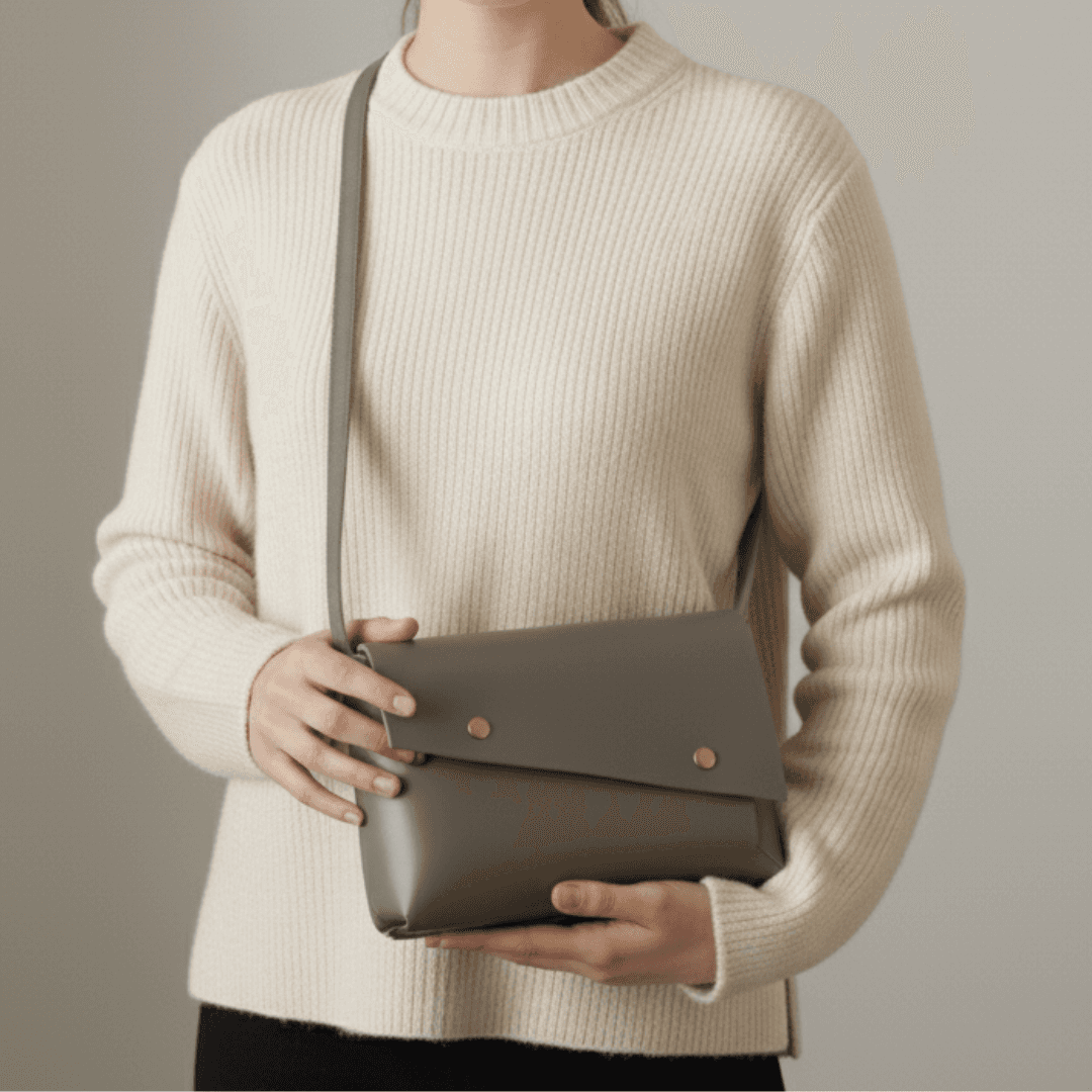 長方形の直線が宿る、一枚革ポシェット。グレーのイタリアンレザーの静かな存在感1枚目の画像