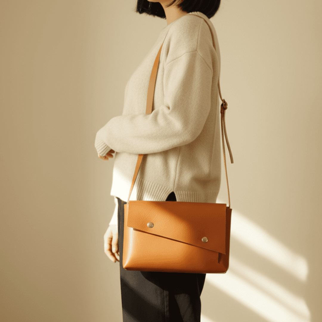 長方形の直線が宿る、一枚革ポシェット。キャメルイエローのイタリアンレザーの静かな存在感1枚目の画像