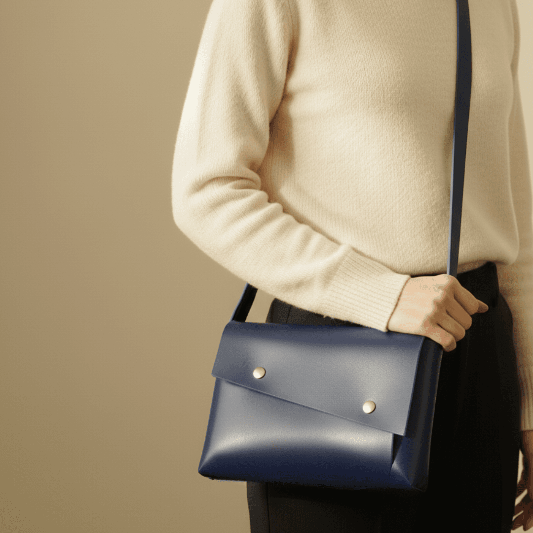 長方形の直線が宿る、一枚革ポシェット。ネイビーブルーのイタリアンレザーの静かな存在感 | 1枚目
