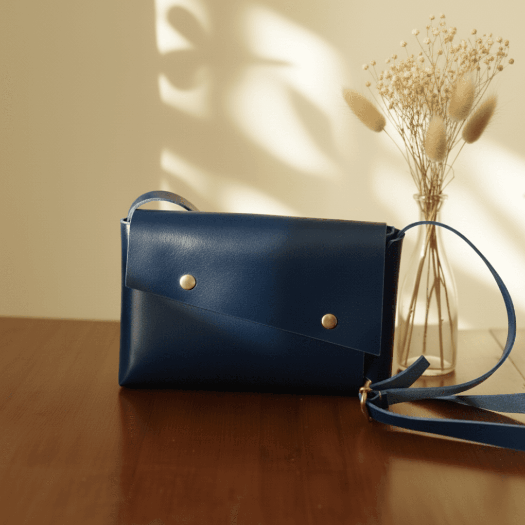 長方形の直線が宿る、一枚革ポシェット。ネイビーブルーのイタリアンレザーの静かな存在感 | 2枚目
