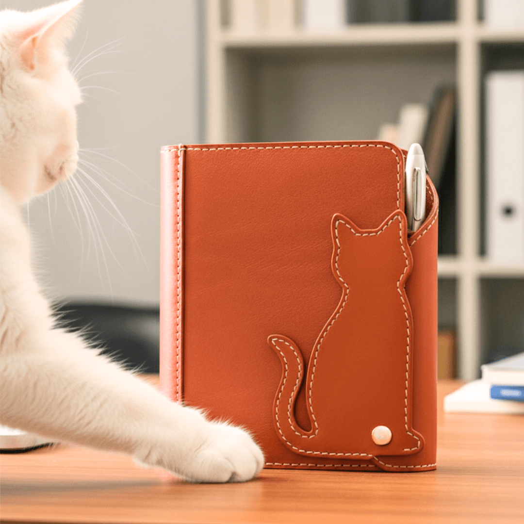 猫も気になる　キャットモチーフのA5システム手帳ケース｜イタリアンレザー｜6穴｜カラーオーダー対応1枚目の画像