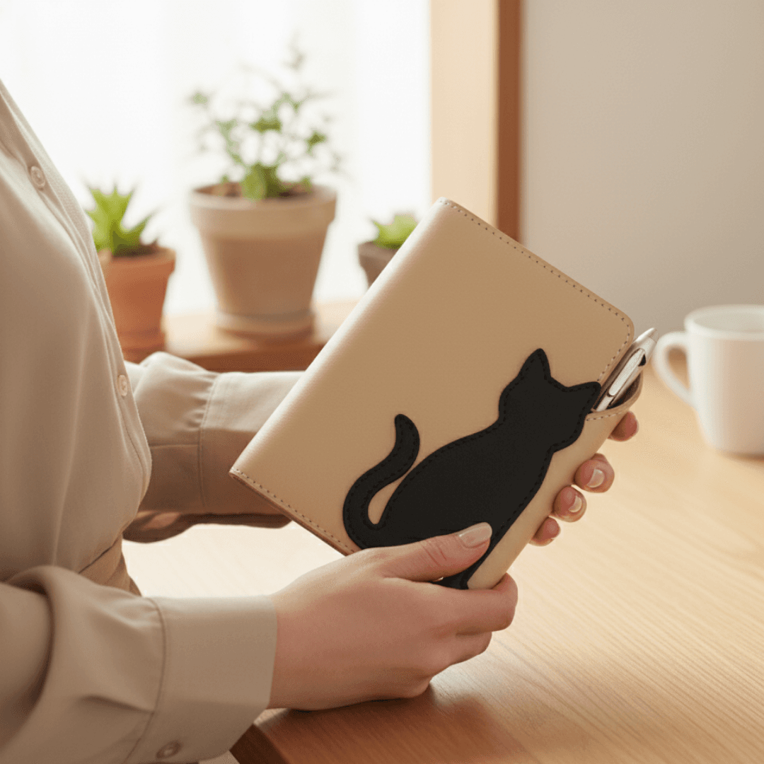 猫も気にニャる　ねこモチーフ イタリアンレザー本革ミニ6穴システム手帳ケース｜カラーオーダー対応 | 1枚目