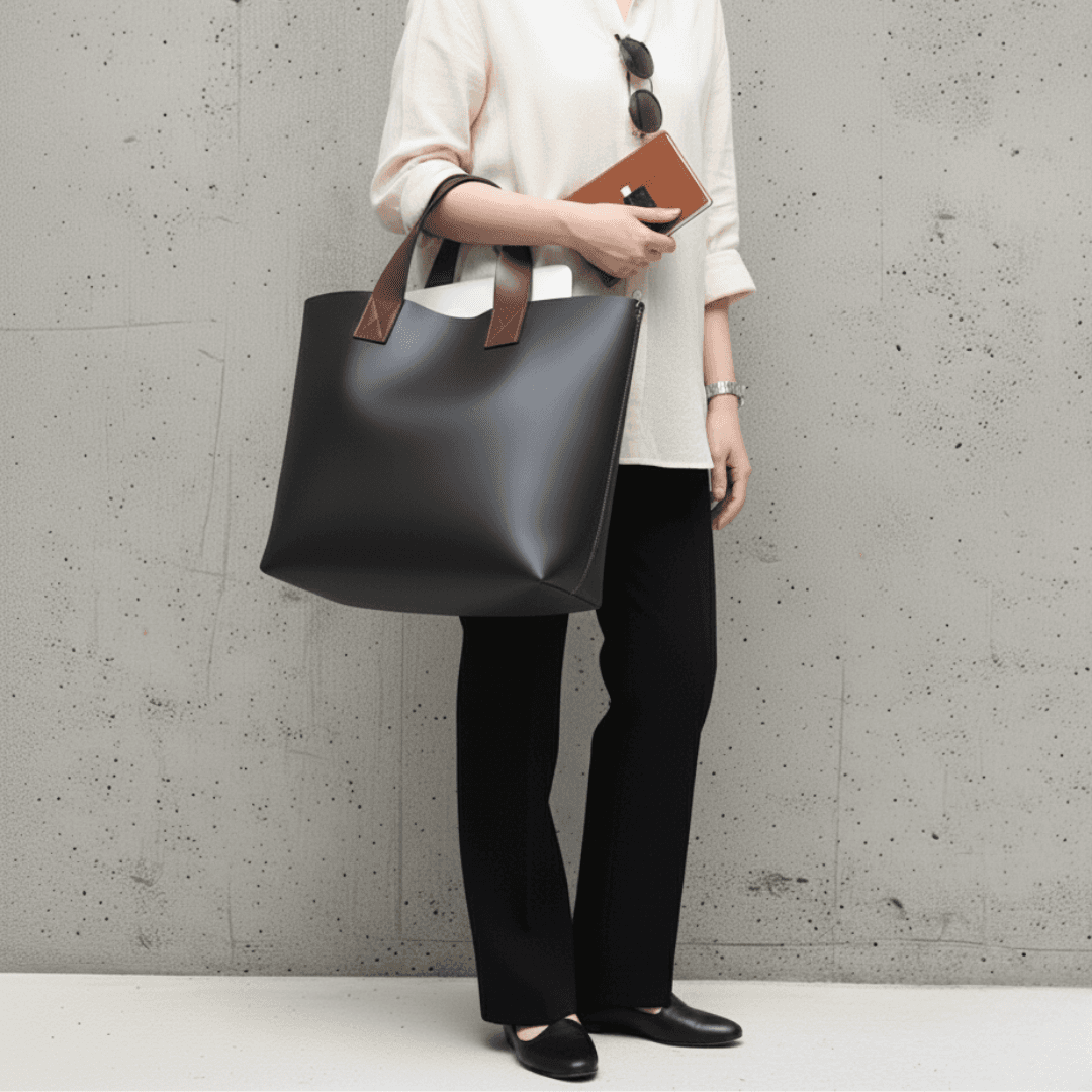 大人の習い事トート｜ブラックxブラウン　イタリアンレザー植物タンニンなめし革｜A4対応・太めハンドル・セミオーダ | 2枚目
