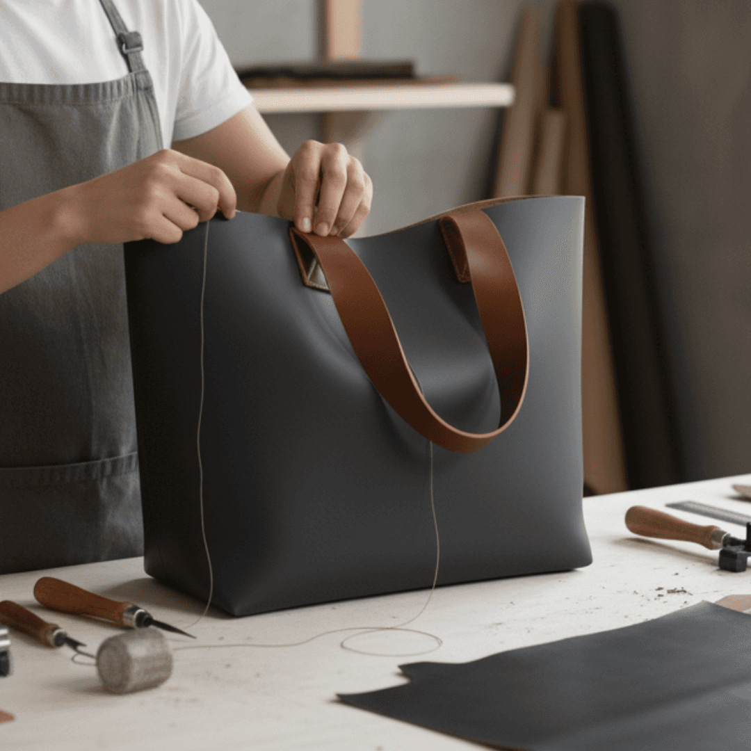 大人の習い事トート｜ブラックxブラウン　イタリアンレザー植物タンニンなめし革｜A4対応・太めハンドル・セミオーダ | 6枚目