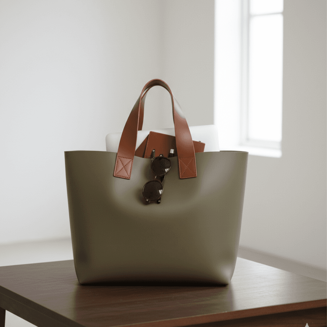 大人の習い事トート｜オリーブxブラウン　イタリアンレザー植物タンニンなめし革｜A4対応・太めハンドル・セミオーダ1枚目の画像