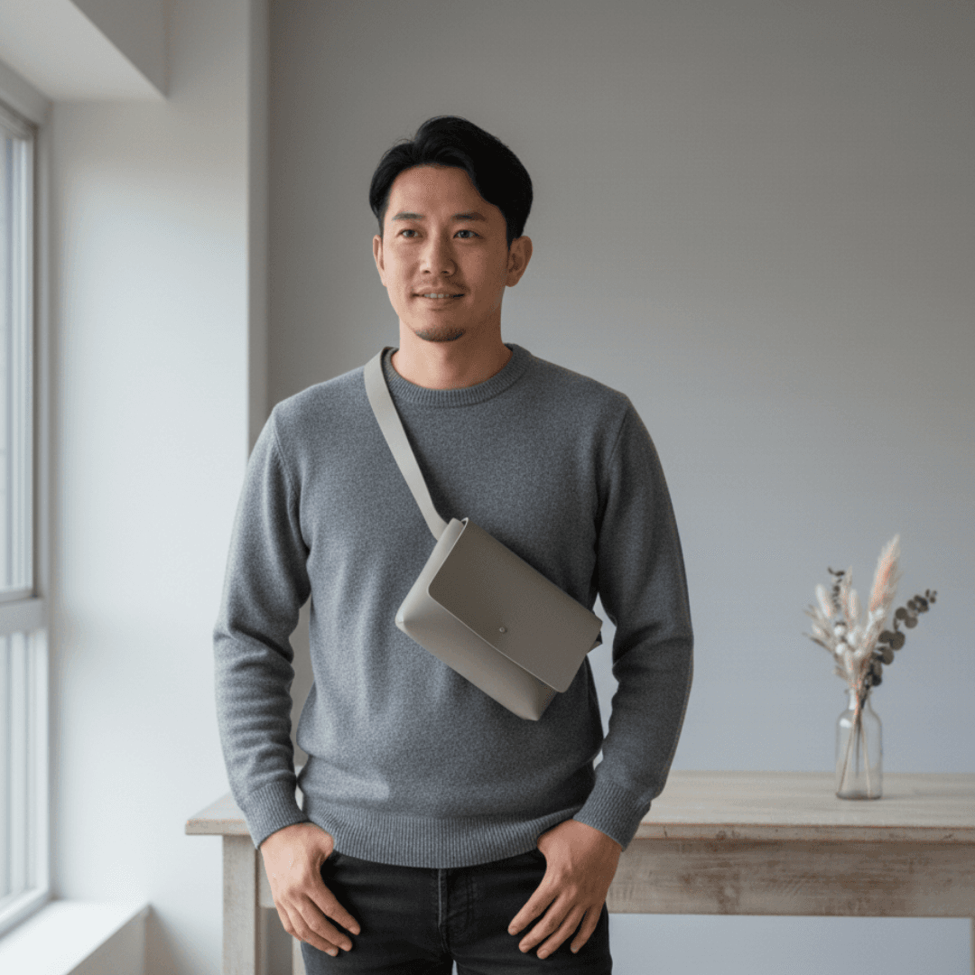 イタリアンレザー・グレー本革サコッシュ｜ミニマルデザインのミニバッグ1枚目の画像