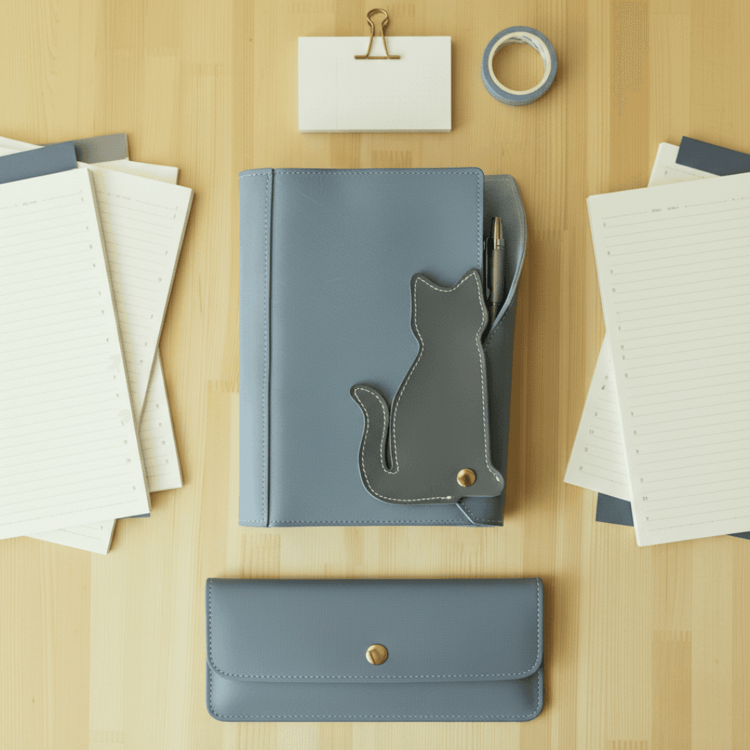 猫も気ににゃる　キャットモチーフのA5パステルシステム手帳ケース｜イタリアンレザー｜6穴｜カラーオーダー対応