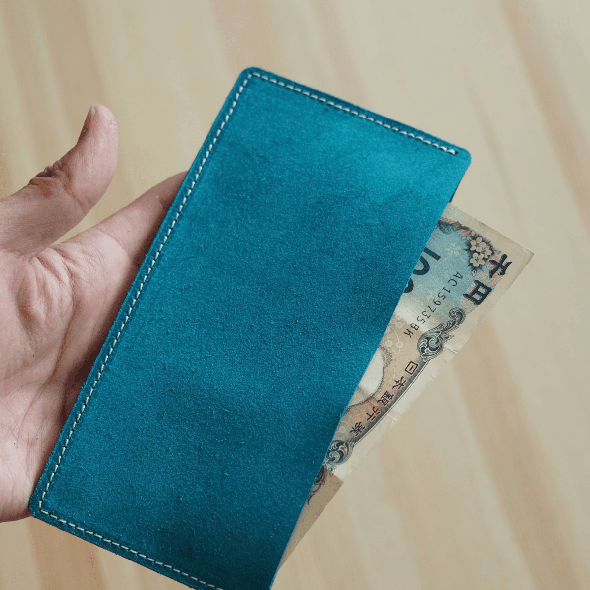 【ミニマル設計】イタリアンレザー 札入れ|本革 スリムウォレット 領収書ケース 薄型財 ターコイズブルー布 | 3枚目