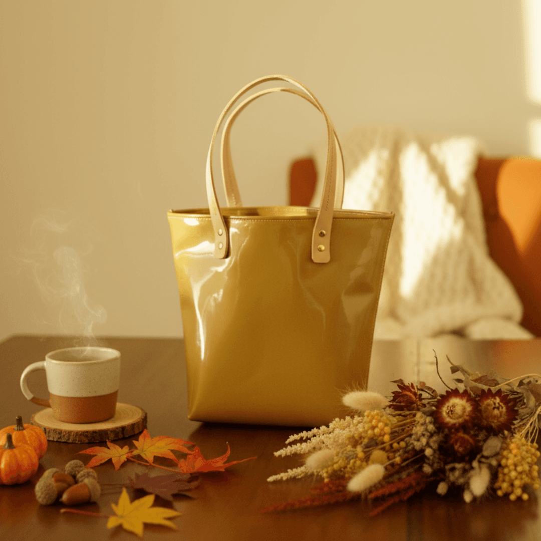 ゴールドエナメルレザーの本革トートバッグ|深い艶と上品な輝きのハンドメイドバッグ ヌメ革の持ち手1枚目の画像