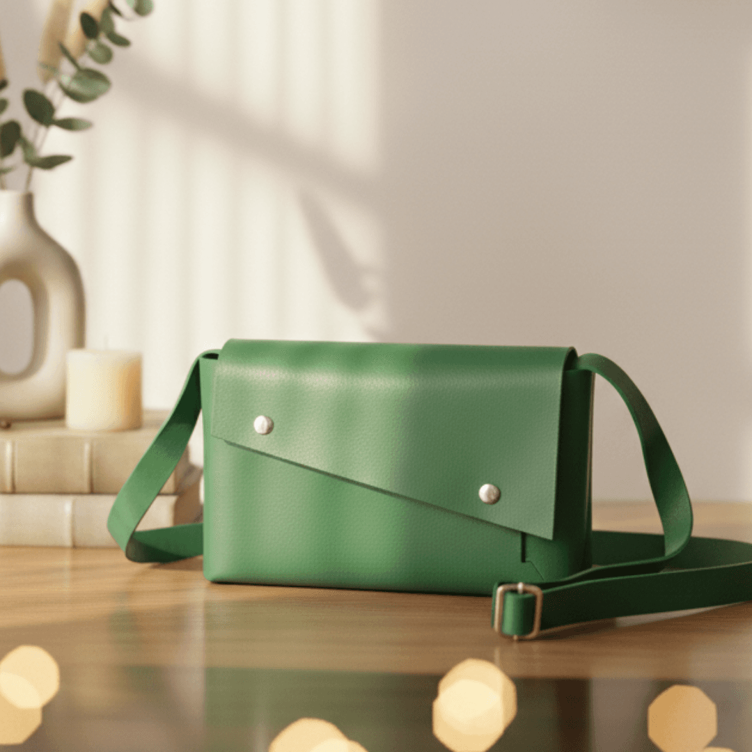 リーフグリーンの無縫製の一枚革でつくる、上質ミニマルポシェット〈イタリアンレザー〉1枚目の画像