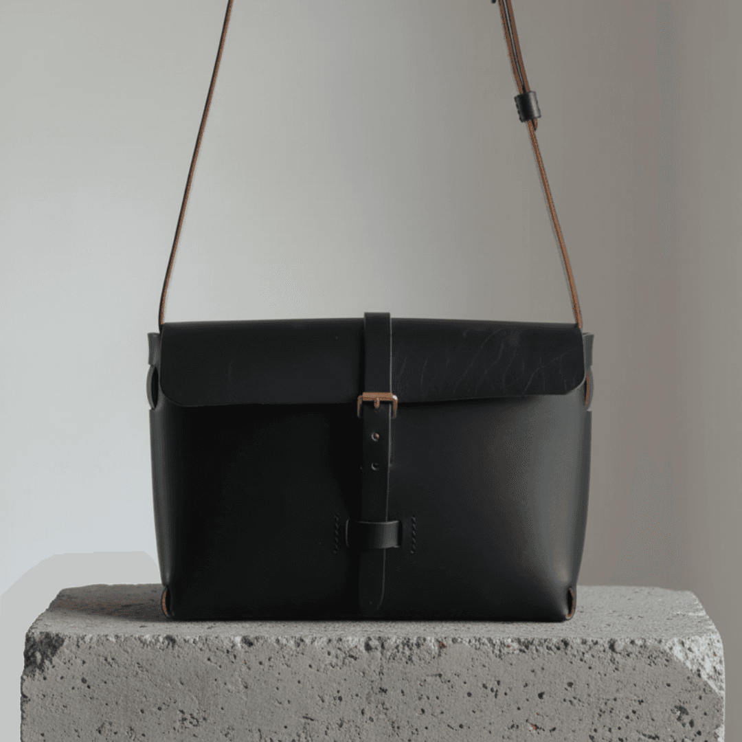 クロムエクセル茶芯ブラックのミニマルショルダーバッグ|真鍮金具1枚目の画像